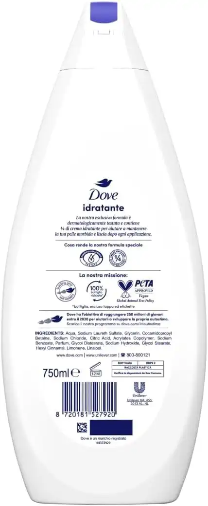 6X Dove Bagnodoccia Idratante 750ml – Unisex, 1/4 Crema Idratante, Riciclato