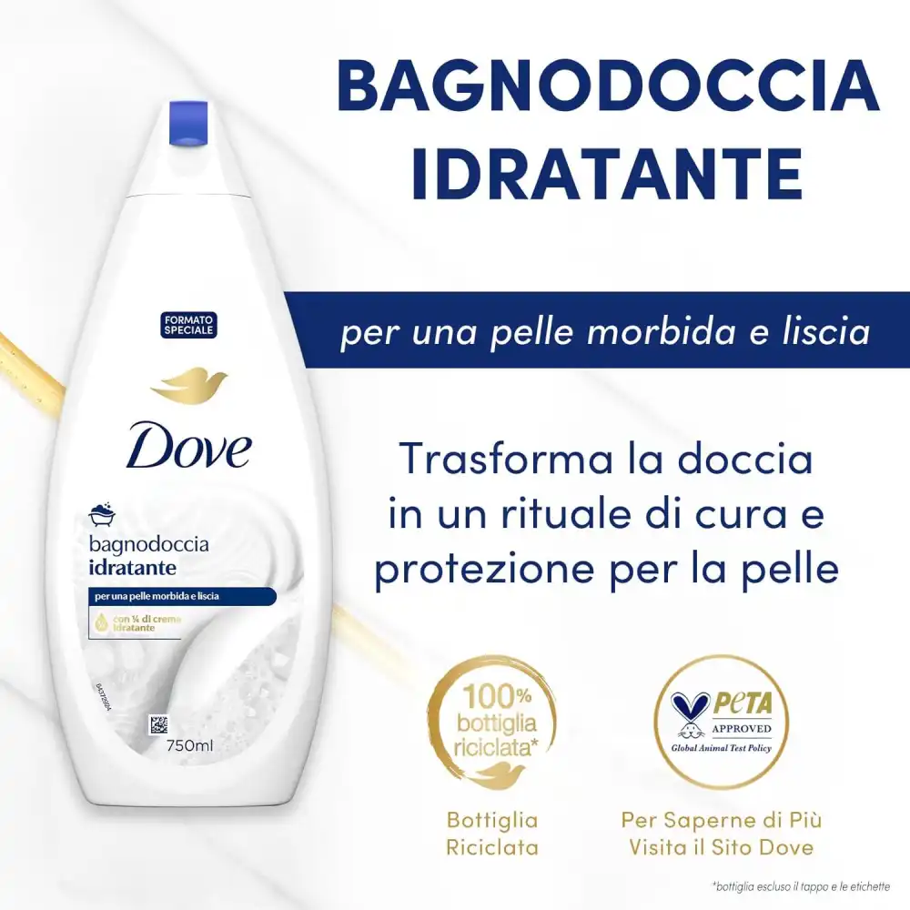 6X Dove Bagnodoccia Idratante 750ml – Unisex, 1/4 Crema Idratante, Riciclato