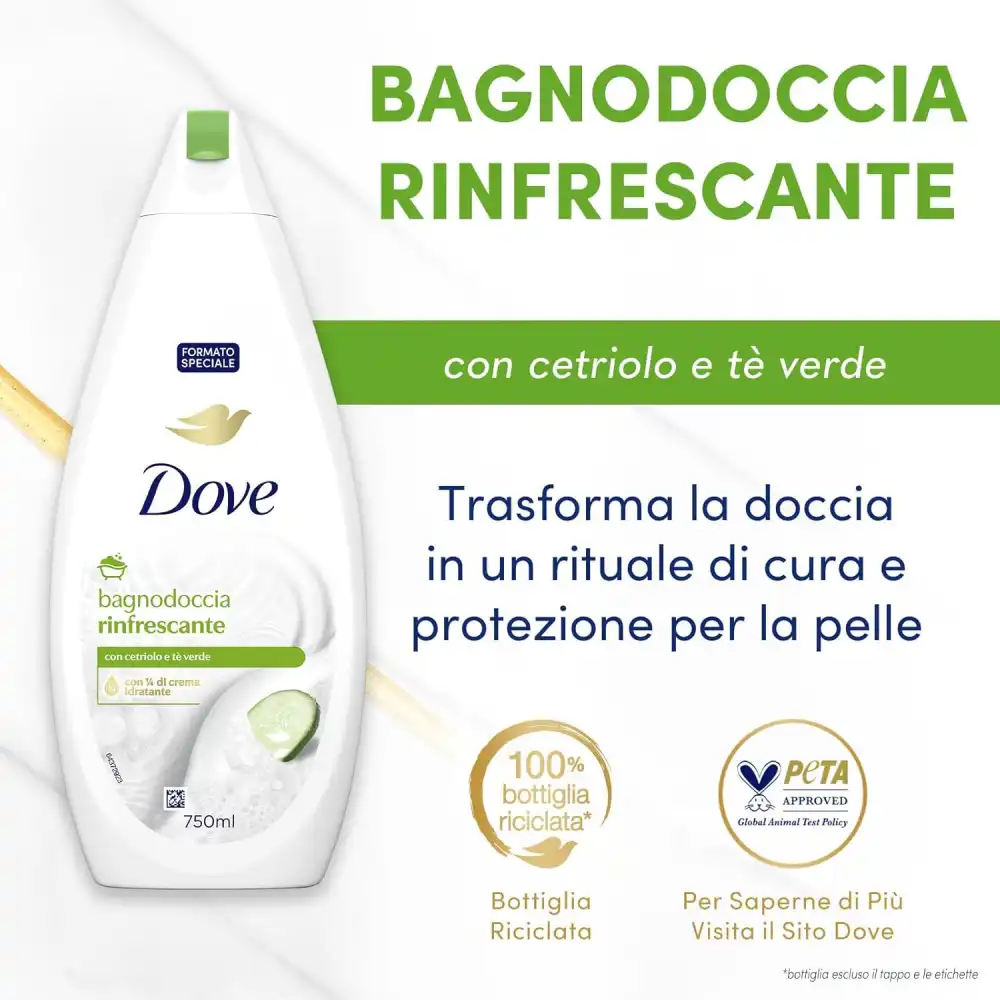 6X Dove Bagnodoccia 750ml – Idratante con 1/4 Crema, Tè Verde e Cetriolo