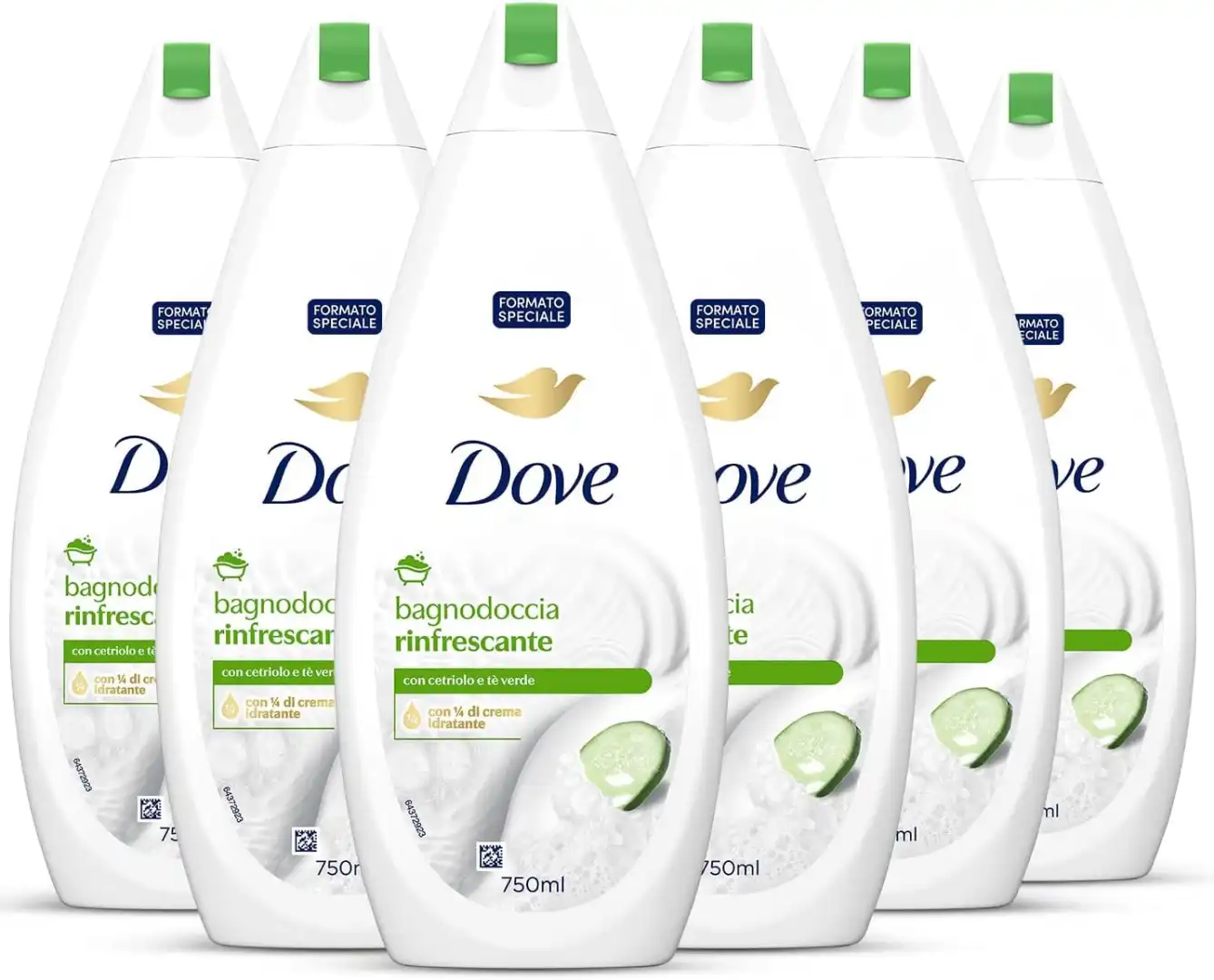 6X Dove Bagnodoccia 750ml – Idratante con 1/4 Crema, Tè Verde e Cetriolo