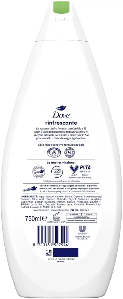 6X Dove Bagnodoccia 750ml – Idratante con 1/4 Crema, Tè Verde e Cetriolo