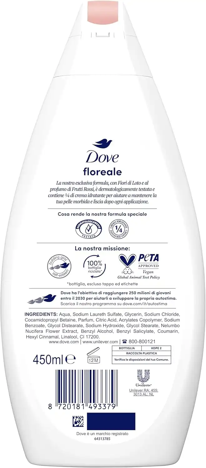 6X Dove Bagnodoccia Floreale 450ml – Fiori di Loto & Frutti Rossi, Unisex