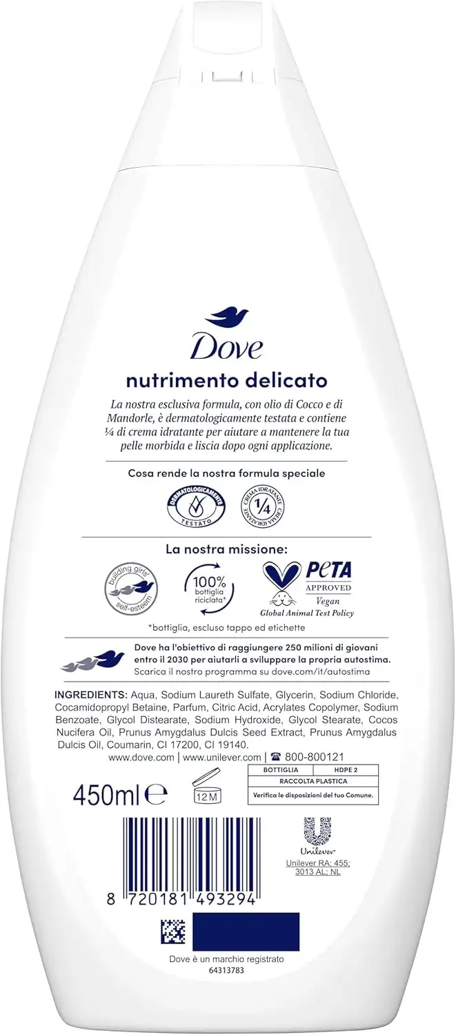 6X Dove Bagnodoccia Nutrimento Delicato 450ml – Olio di Cocco, Unisex