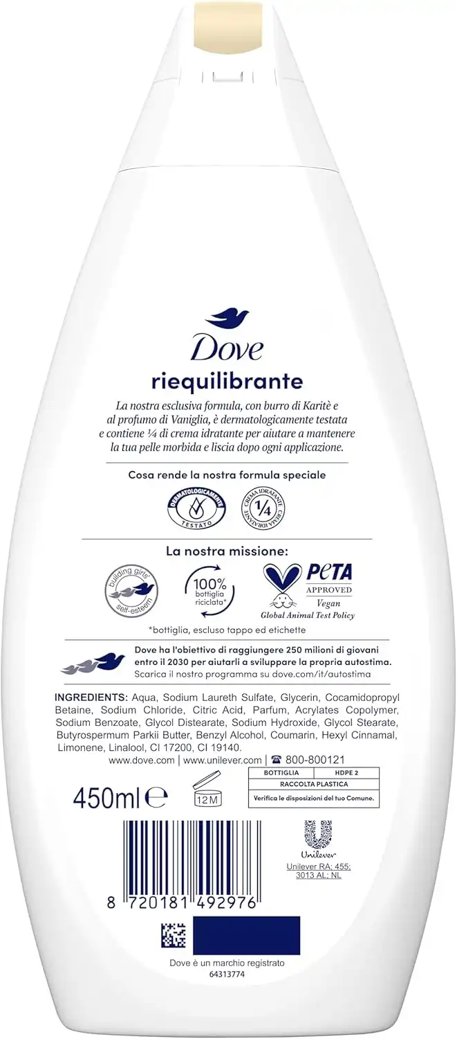 6X Dove Bagnodoccia Riequilibrante 450ml – Karité & Vaniglia, Idratante
