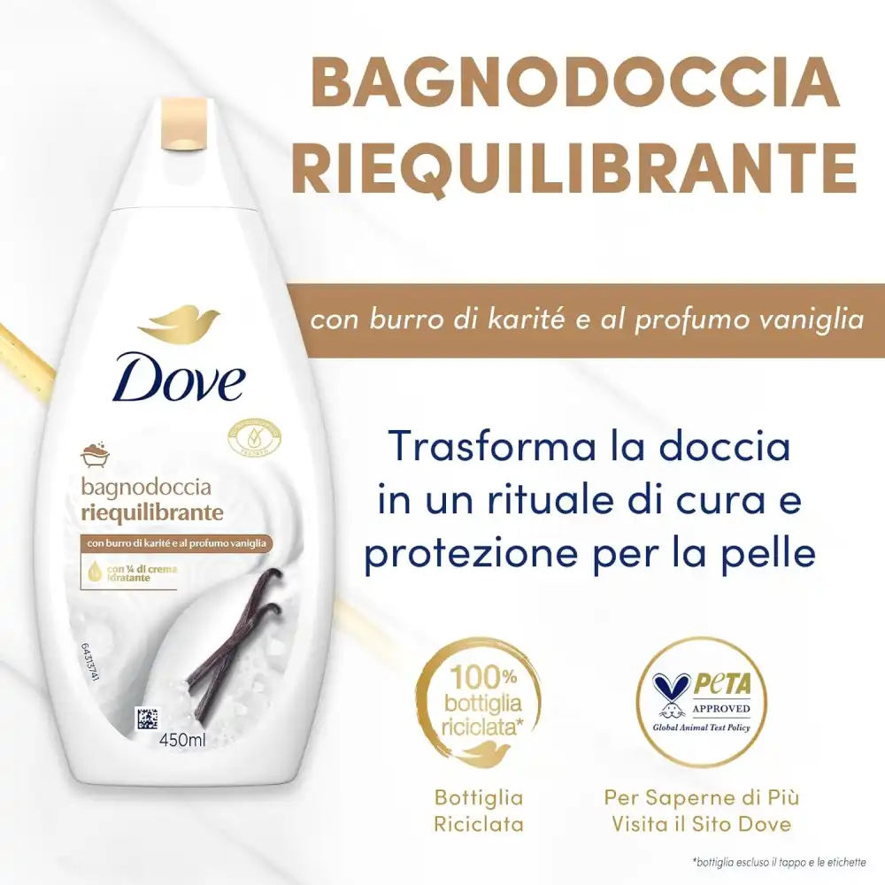 6X Dove Bagnodoccia Riequilibrante 450ml – Karité & Vaniglia, Idratante