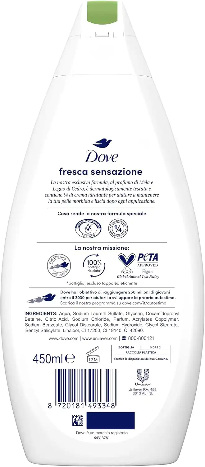 6X Dove Bagnoschiuma 450ml – Fresca Sensazione, Uomo Donna, Idratante