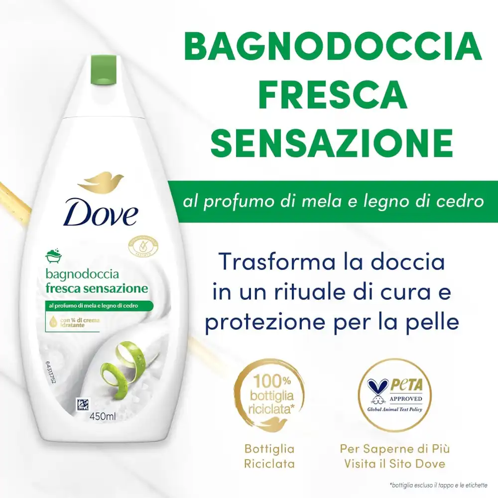 6X Dove Bagnoschiuma 450ml – Fresca Sensazione, Uomo Donna, Idratante