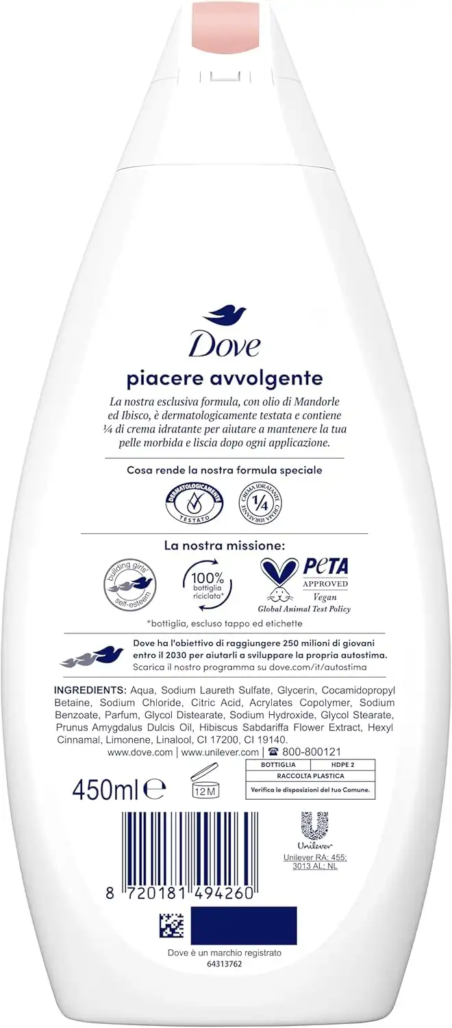 6X Dove Bagnoschiuma 450ml Piacere Avvolgente – Idratante, Uomo Donna