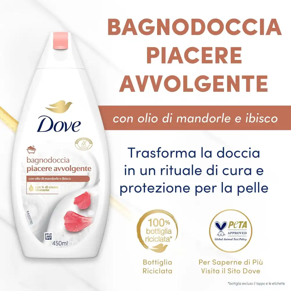 6X Dove Bagnoschiuma 450ml Piacere Avvolgente – Idratante, Uomo Donna