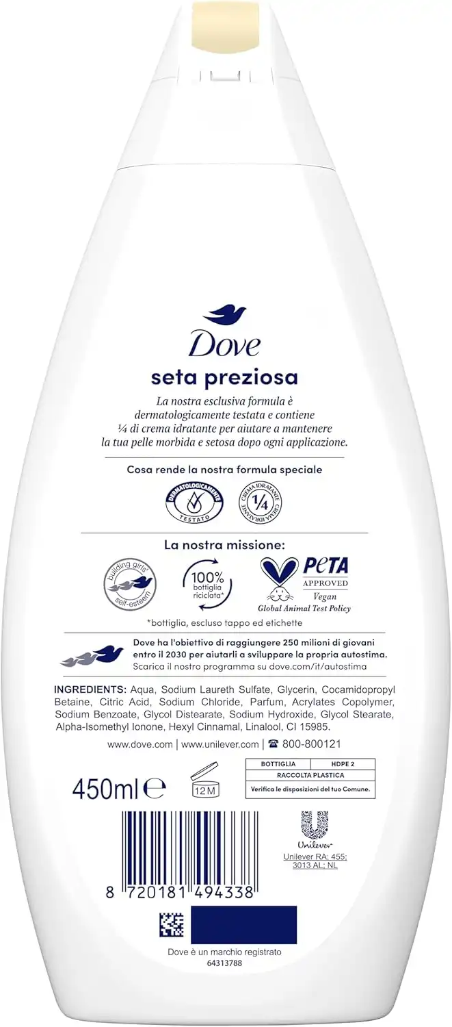 6X Dove Seta Preziosa Bagnodoccia 450ml – Crema Idratante, Uomo Donna