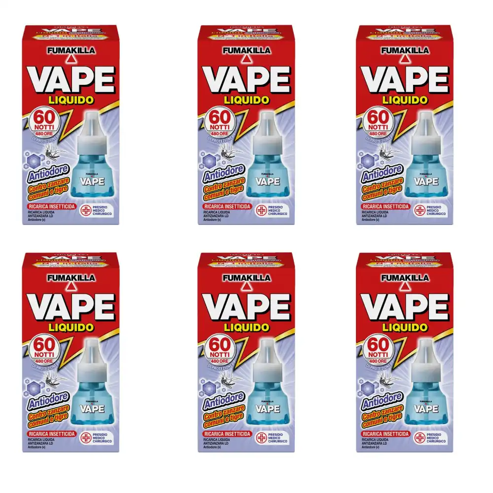6X Vape Ricarica Liquida 60 Notti Antiodore 30ml Zanzare Tigre e Comuni