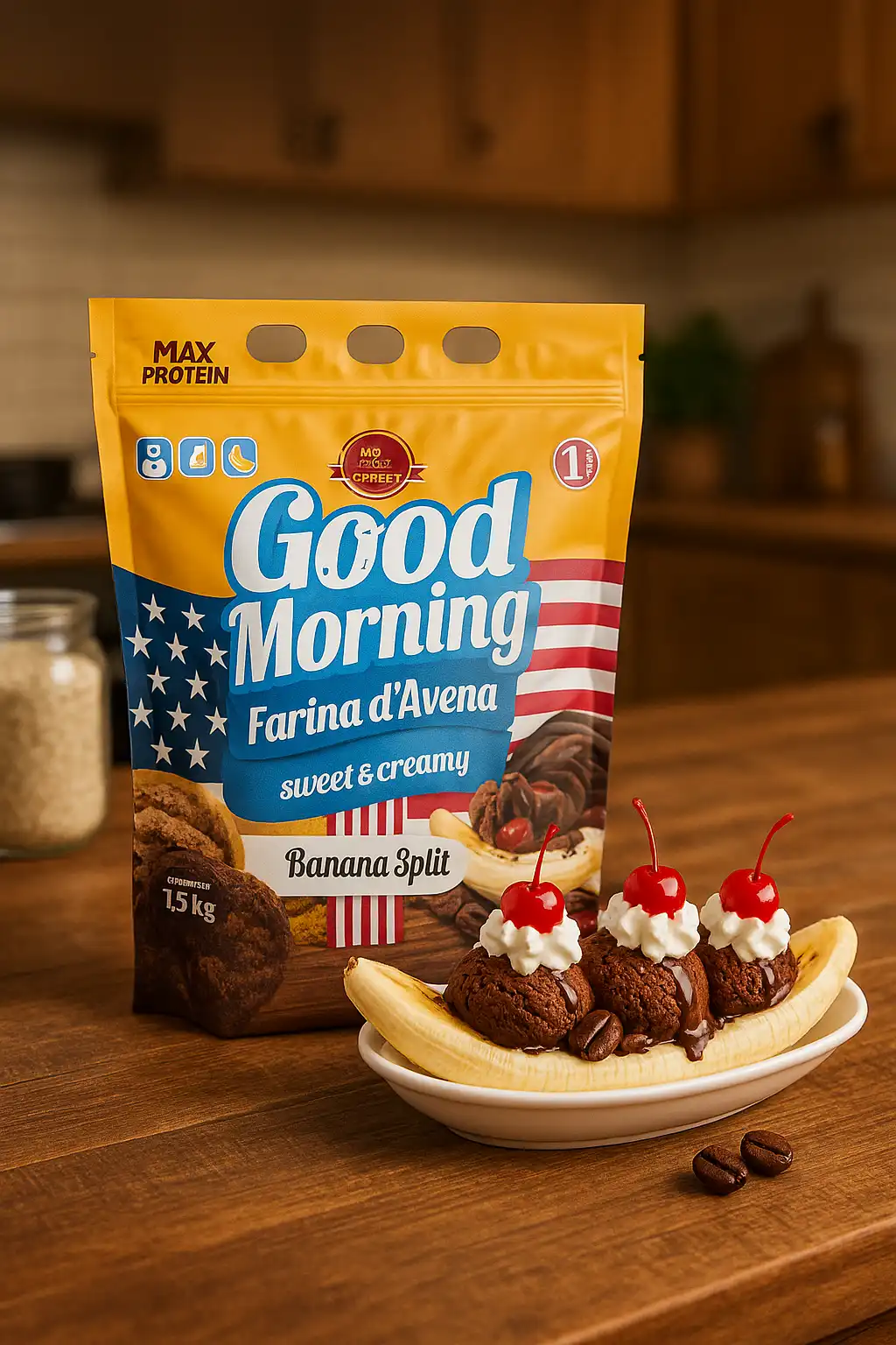 Max Protein Good Morning Oatmeal 1,5kg Gusto Banana Split Farina d'Avena
