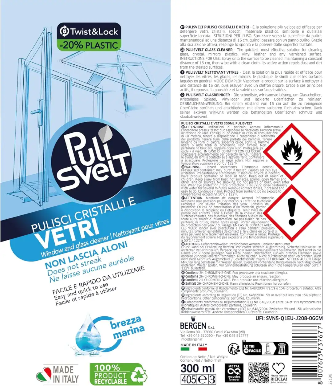 6x Pulisvelt Spray Vetri e Cristalli 300ml – Senza Aloni, Profumo Brezza Marina