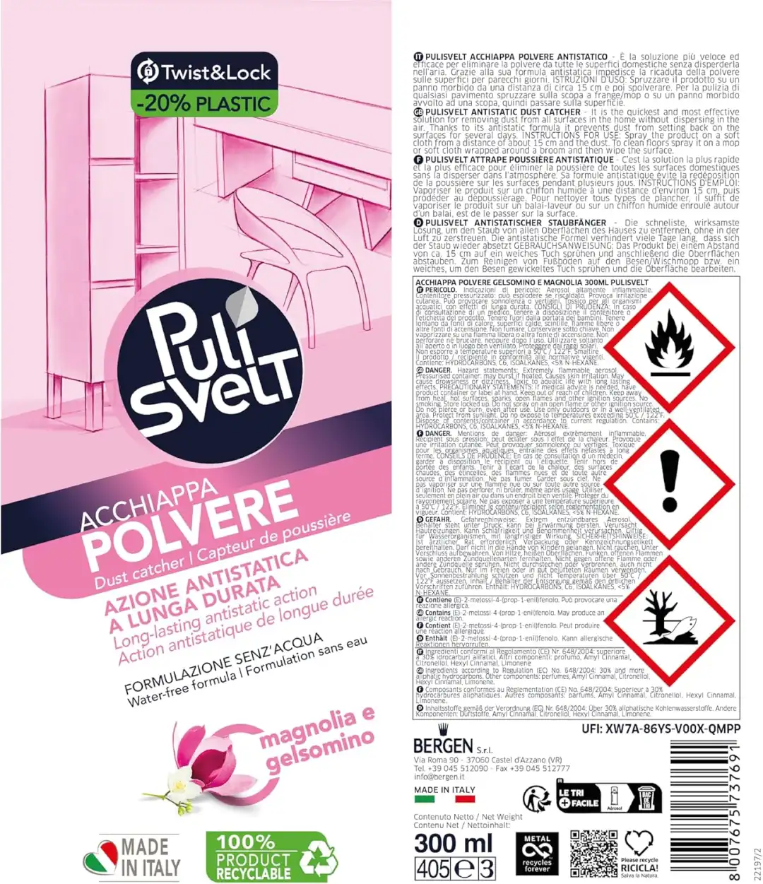Pulisvelt Acchiappapolvere 6X300ml Antistatico Profumato Magnolia Gelsomino