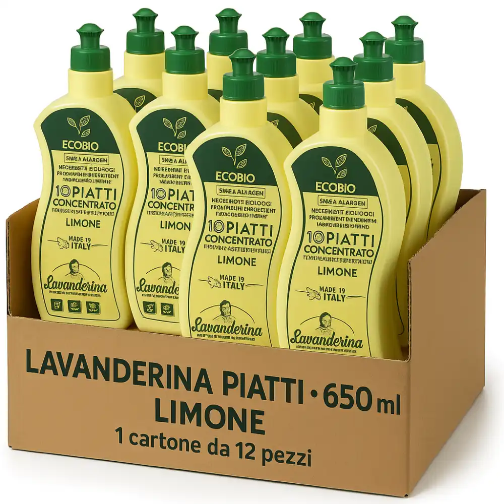12x Lavanderina Piatti Concentrato 650ml – Ecobio al Limone, Efficace e Delicato