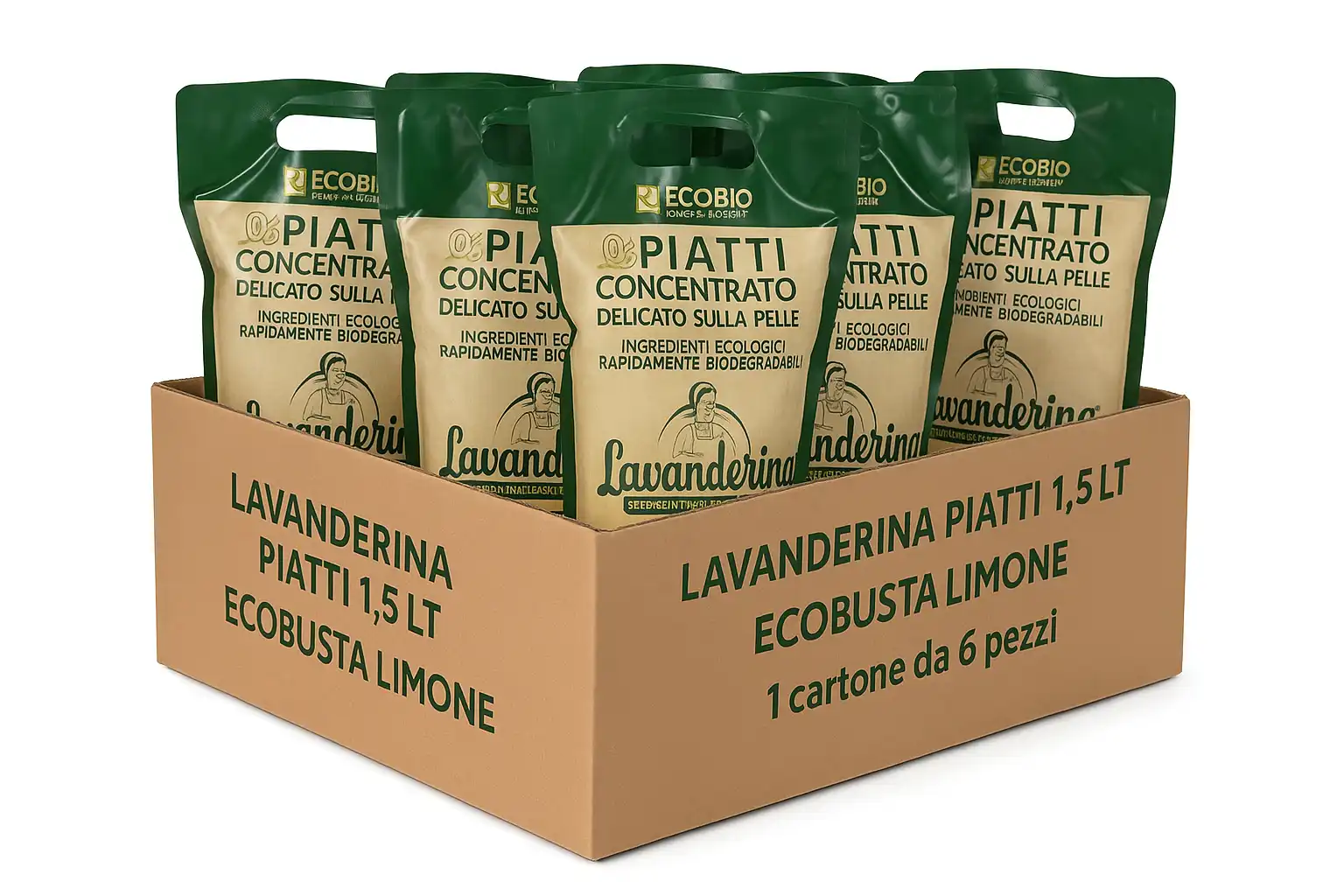 6x Lavanderina Piatti Concentrato 1,5L–Ecobusta Limone Delicato e Biodegradabile