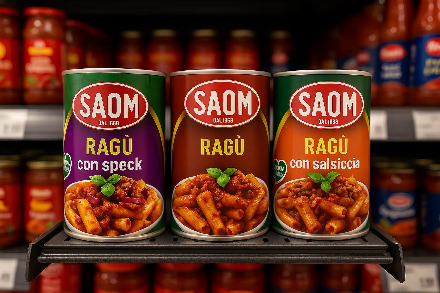 3x Confezioni SAOM Ragù 2x180g Classico, con Speck, con Salsiccia Tot 6 Lattine