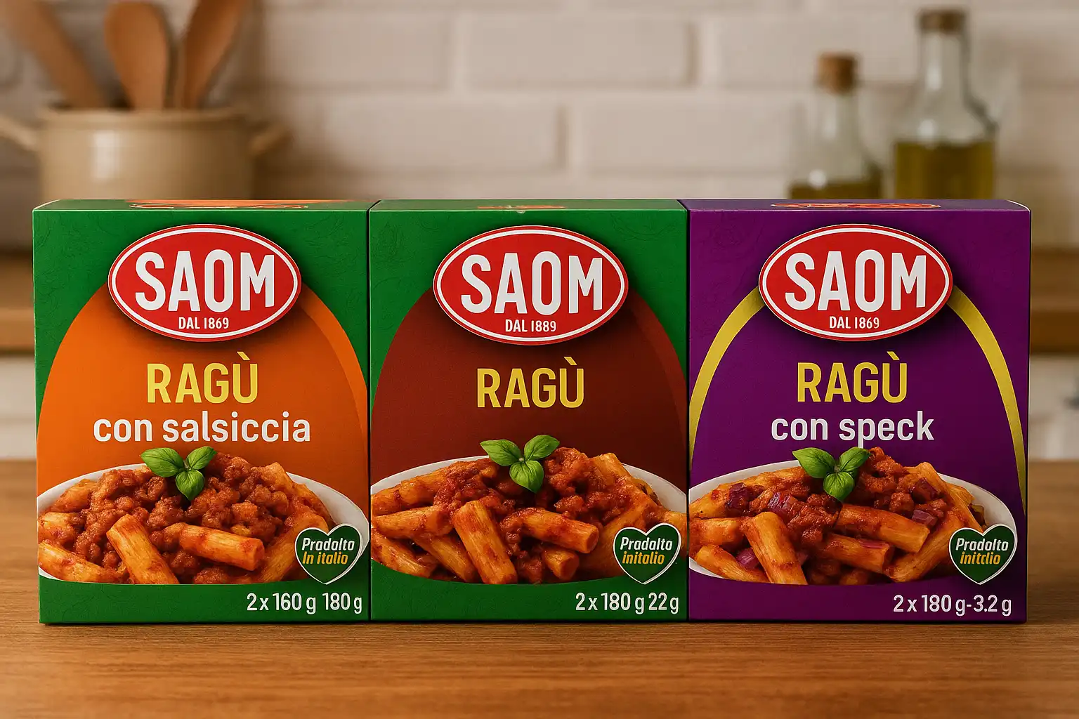 3x Confezioni SAOM Ragù 2x180g Classico, con Speck, con Salsiccia Tot 6 Lattine