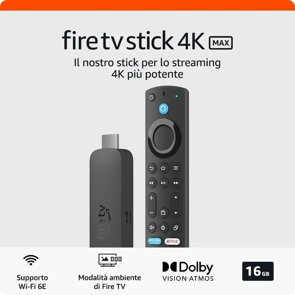 Fire TV Stick 4K Max con Telecomando Vocale Alexa Streaming UHD Wi‑Fi 6E HDMI
