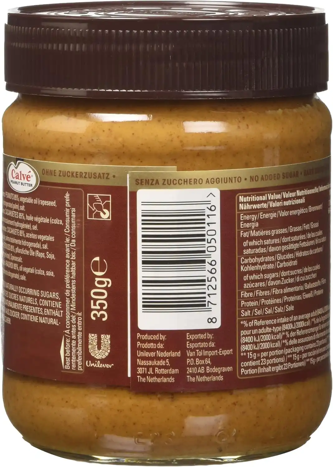 6x Calvé Burro di Arachidi 350g Peanut Butter Morbido Senza Zuccheri Aggiunti