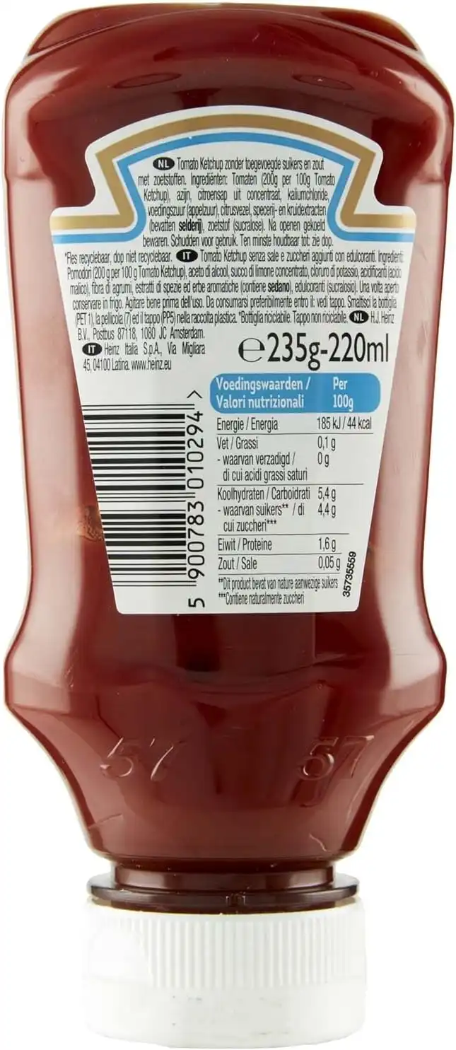 10x Heinz Ketchup Zero 220g Top Down Senza Zuccheri e Sale Aggiunti Pomodoro