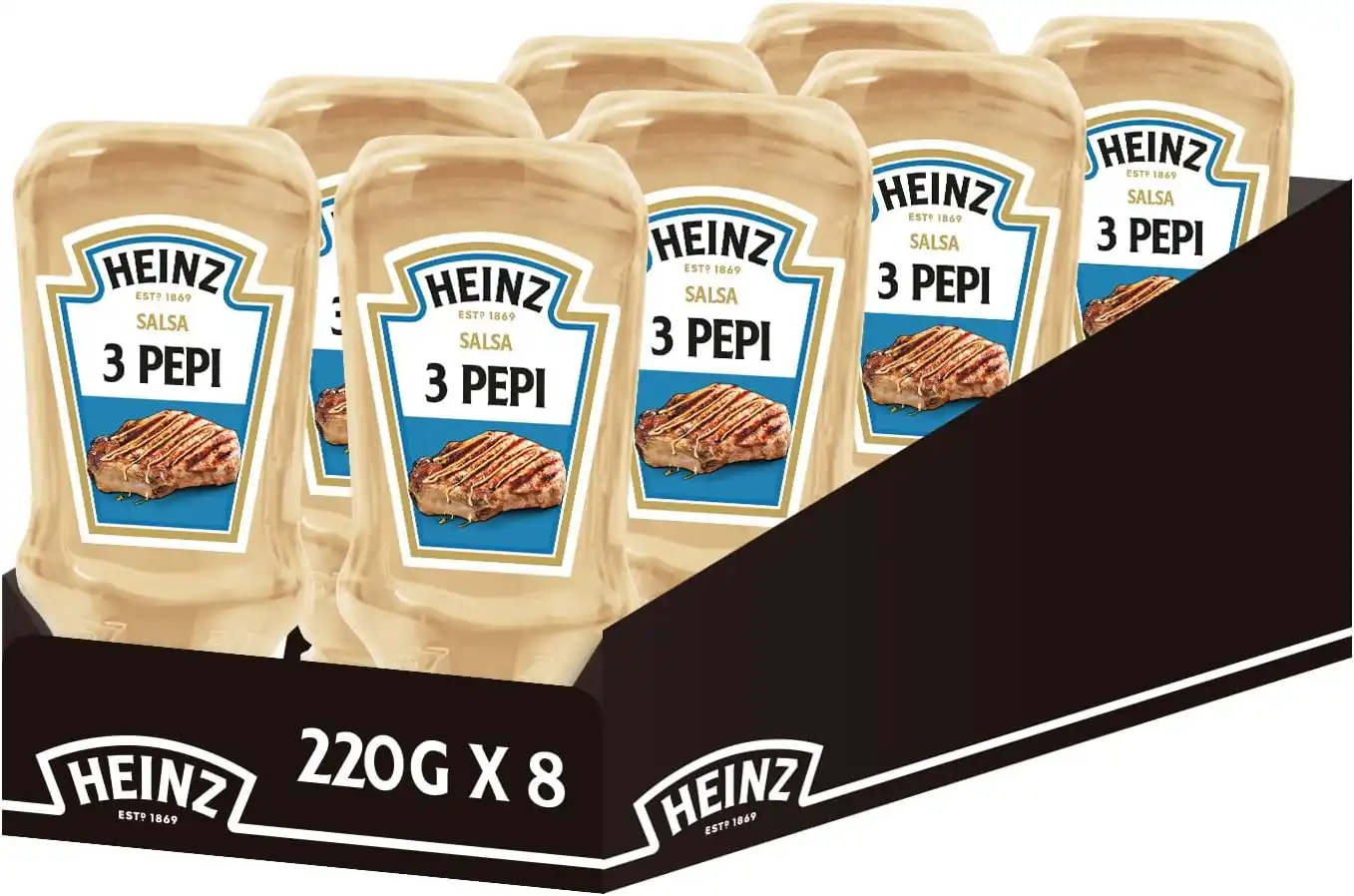 8x Heinz Salsa 3 Pepi 220g Top Down Condimento Carne Grigliata Barbecue Gourmet