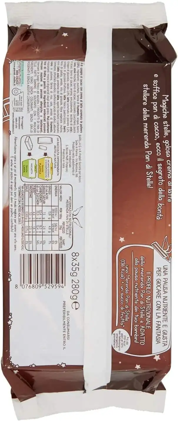 12x Pan di Stelle Merenda 280g 8 Trancini al Latte Cacao Morbidi No Olio Palma