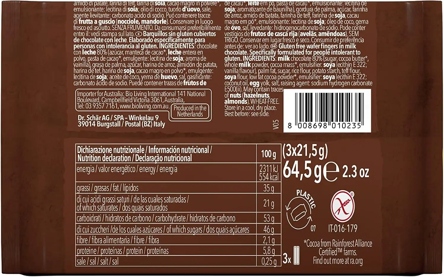 7 Pezzi Schär Twin Bar 64,5g Wafer Al Latte Senza Glutine Vegetariano