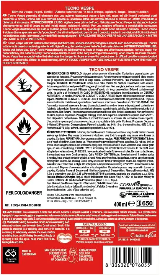 3 Pezzi Vape Spray Insetticida Vespe e Calabroni 400ml Interno/Esterno