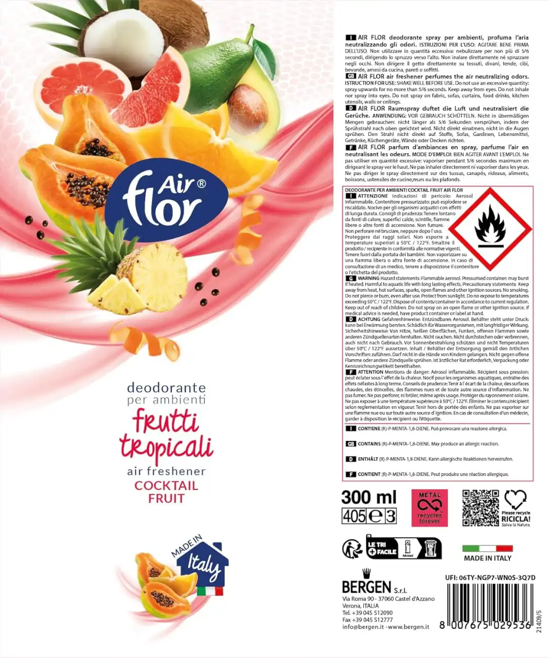 Air Flor Profumatore Ambienti Cocktail Fruit 6 Spray 300ml Deodorante Casa