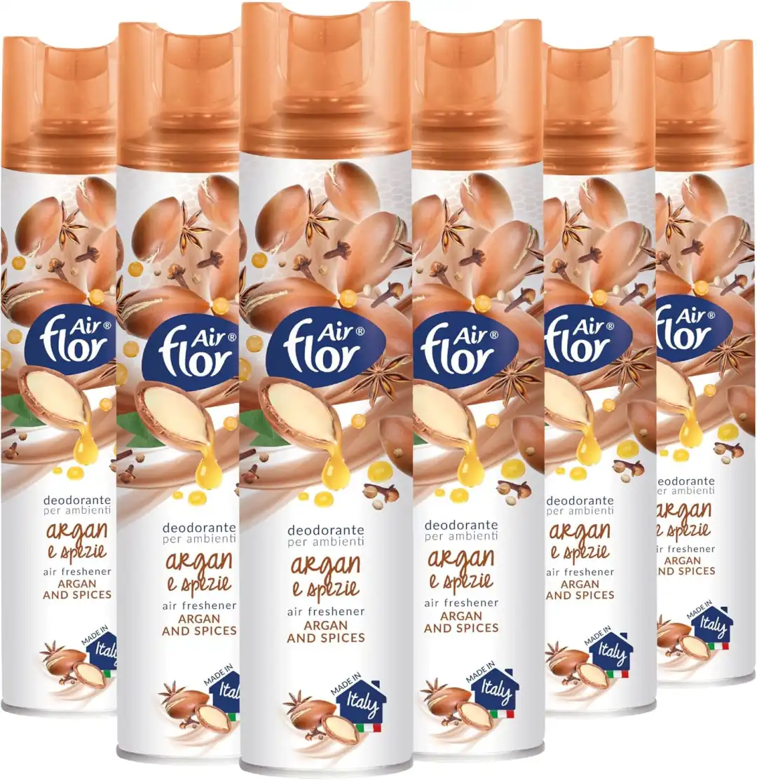6X Air Flor Spray Ambiente Argan E Spezie 300Ml Deodorante Base Acquosa Casa Top