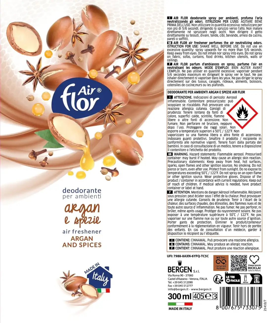 6X Air Flor Spray Ambiente Argan E Spezie 300Ml Deodorante Base Acquosa Casa Top