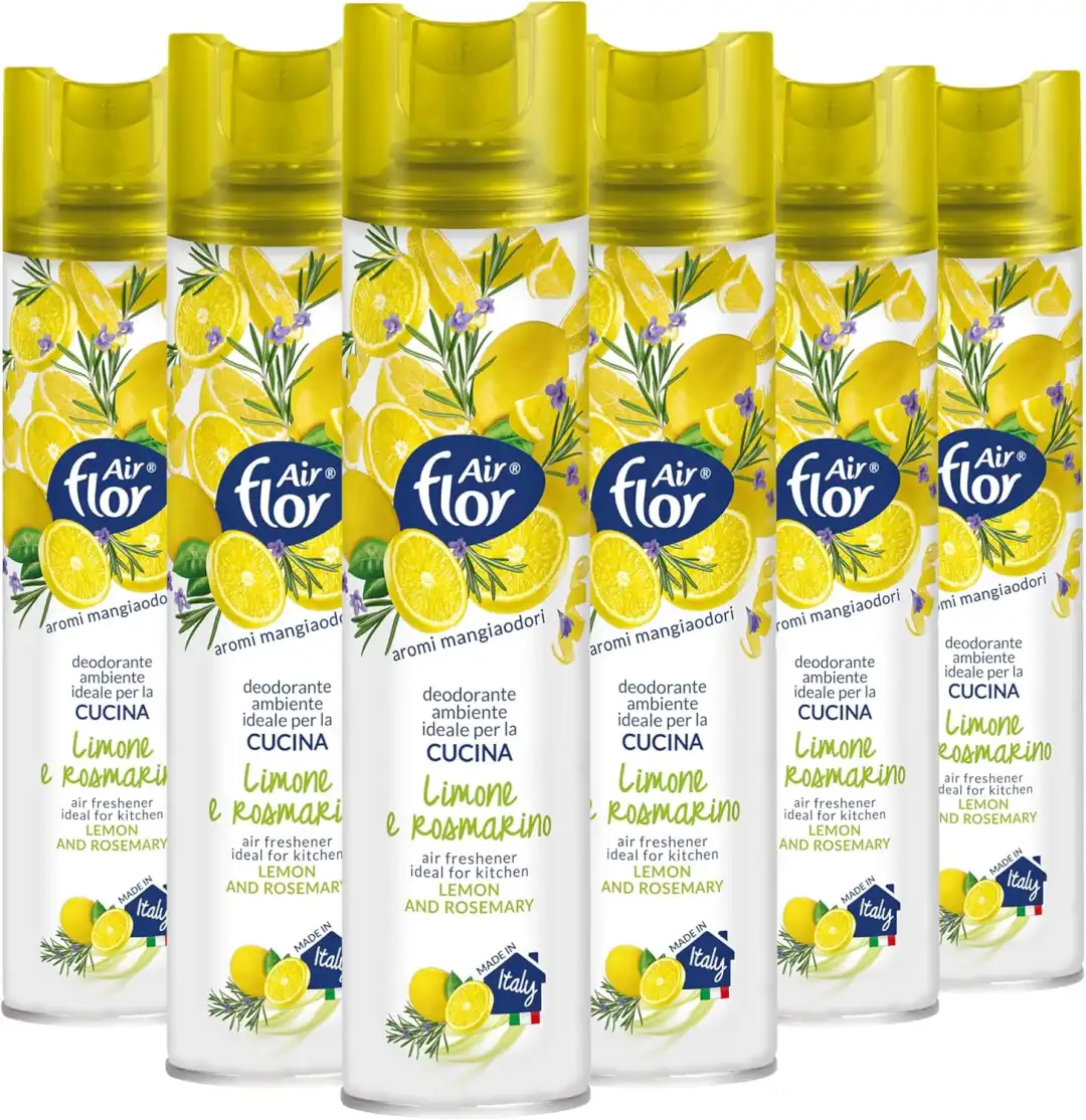 6X Air Flor Deo Ambiente Spray Limone Rosmarino 300Ml Elimina Odori Cucina