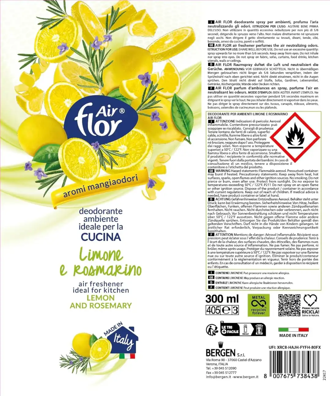 6X Air Flor Deo Ambiente Spray Limone Rosmarino 300Ml Elimina Odori Cucina