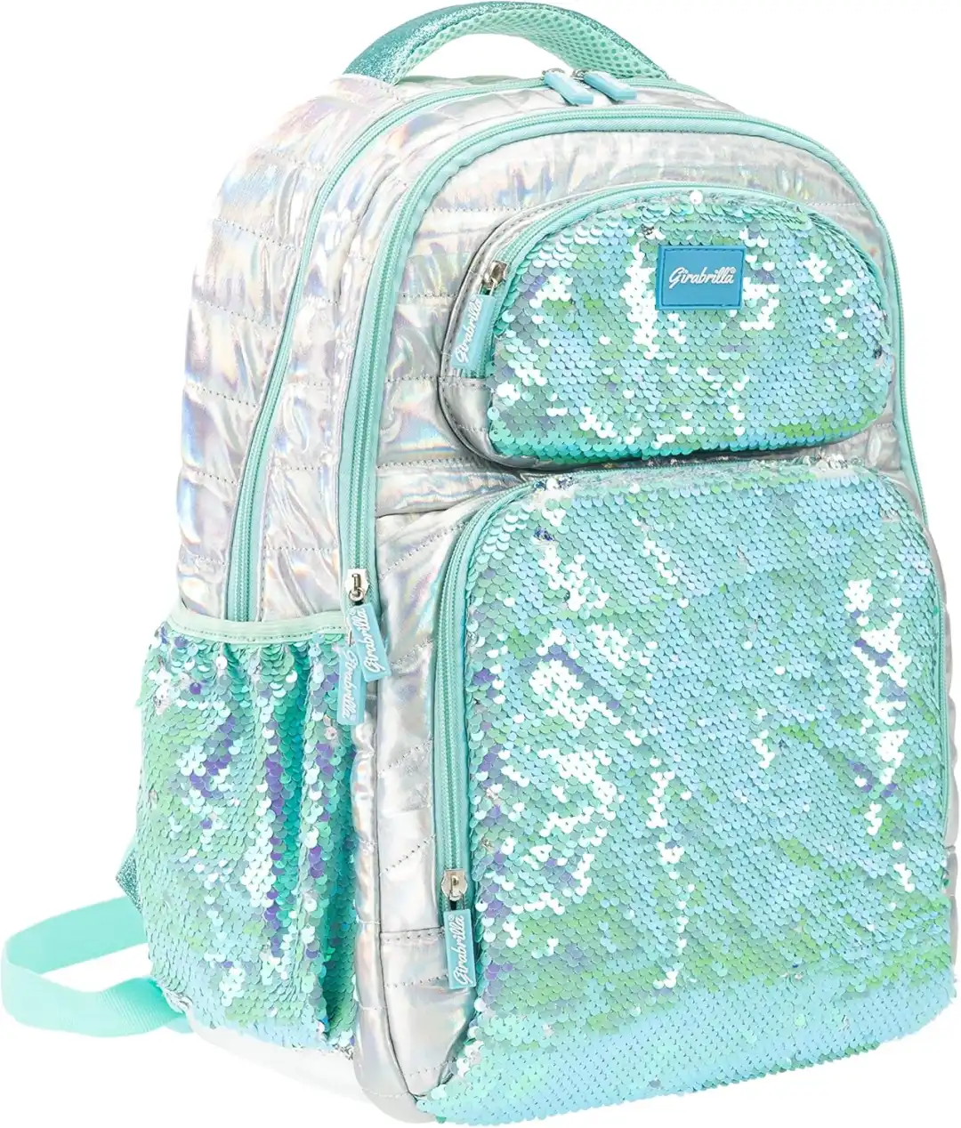Girabrilla Zaino Scuola Bambine Ragazze Puffer Azzurro Turchese con Paillettes