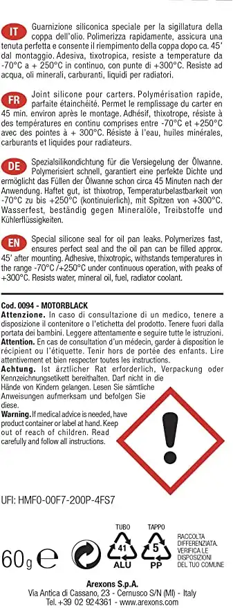 Arexons 0094 Motorblack 60 Gr Pasta Nera Siliconica Speciale Per Guarnizioni