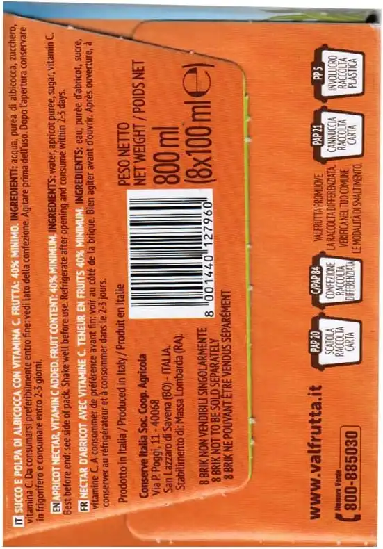 6X Triangolini Succo di Albicocca per Bambini 100% Naturale 8x100ml Box