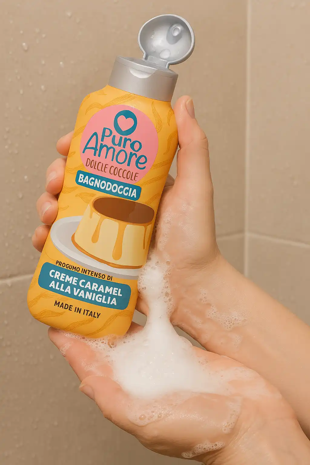 3x PURO AMORE Bagnoschiuma Crème Caramel & Vaniglia – 650ml – Made in Italy