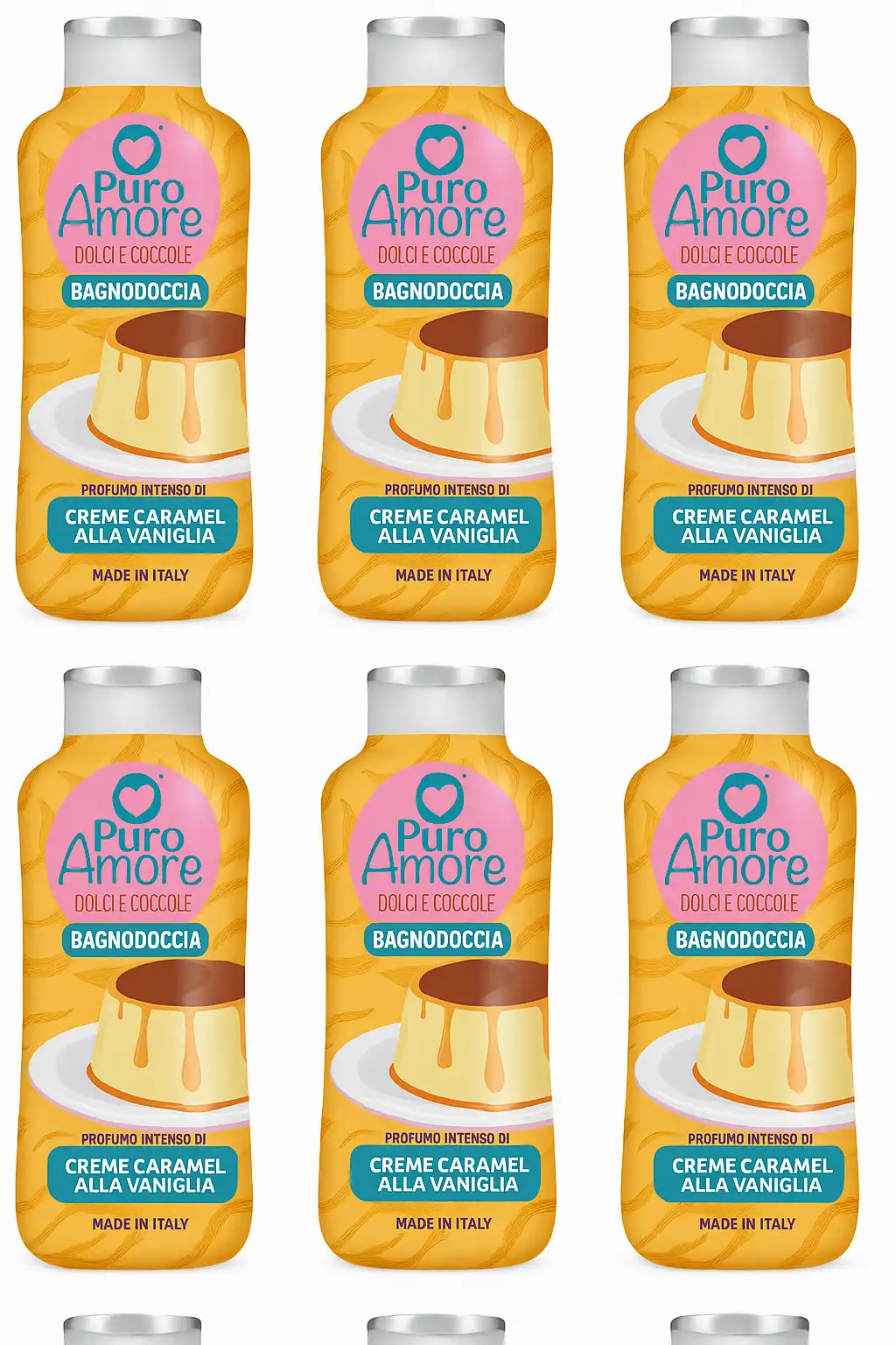 6x PURO AMORE Bagnoschiuma Crème Caramel & Vaniglia 650ml Made in Italy