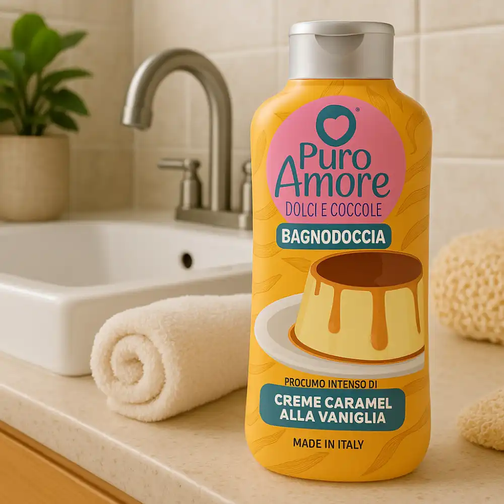 3x PURO AMORE Bagnoschiuma Crème Caramel & Vaniglia – 650ml – Made in Italy