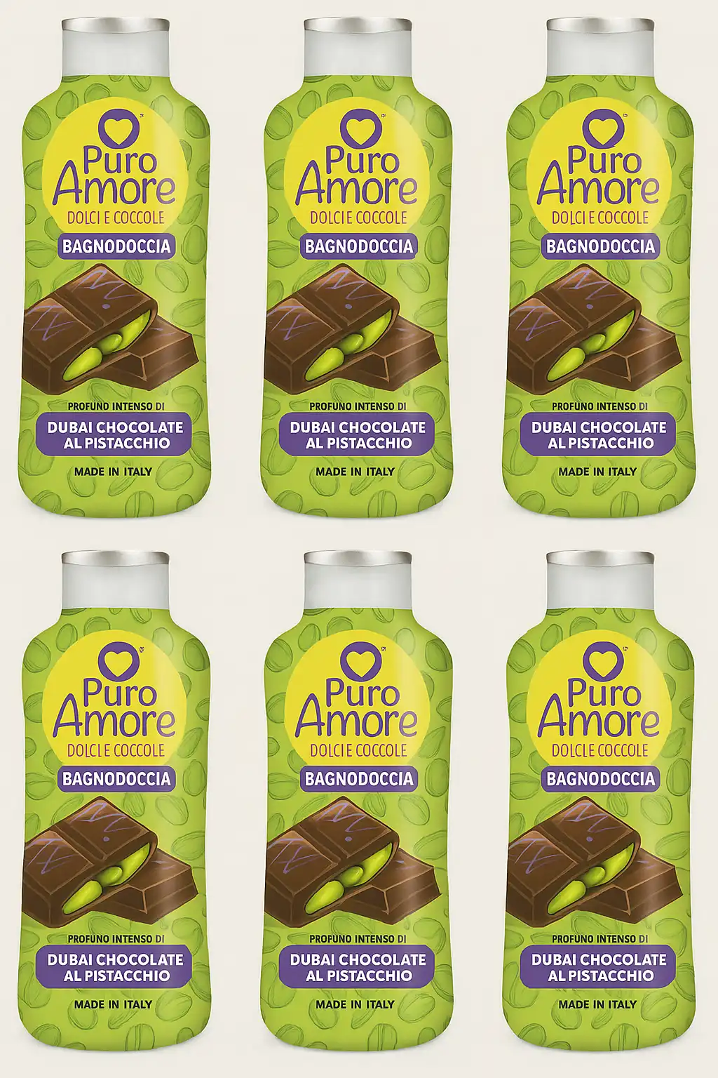 6x PURO AMORE Bagnoschiuma Dubai Pistacchio & Cioccolato 650ml Intenso