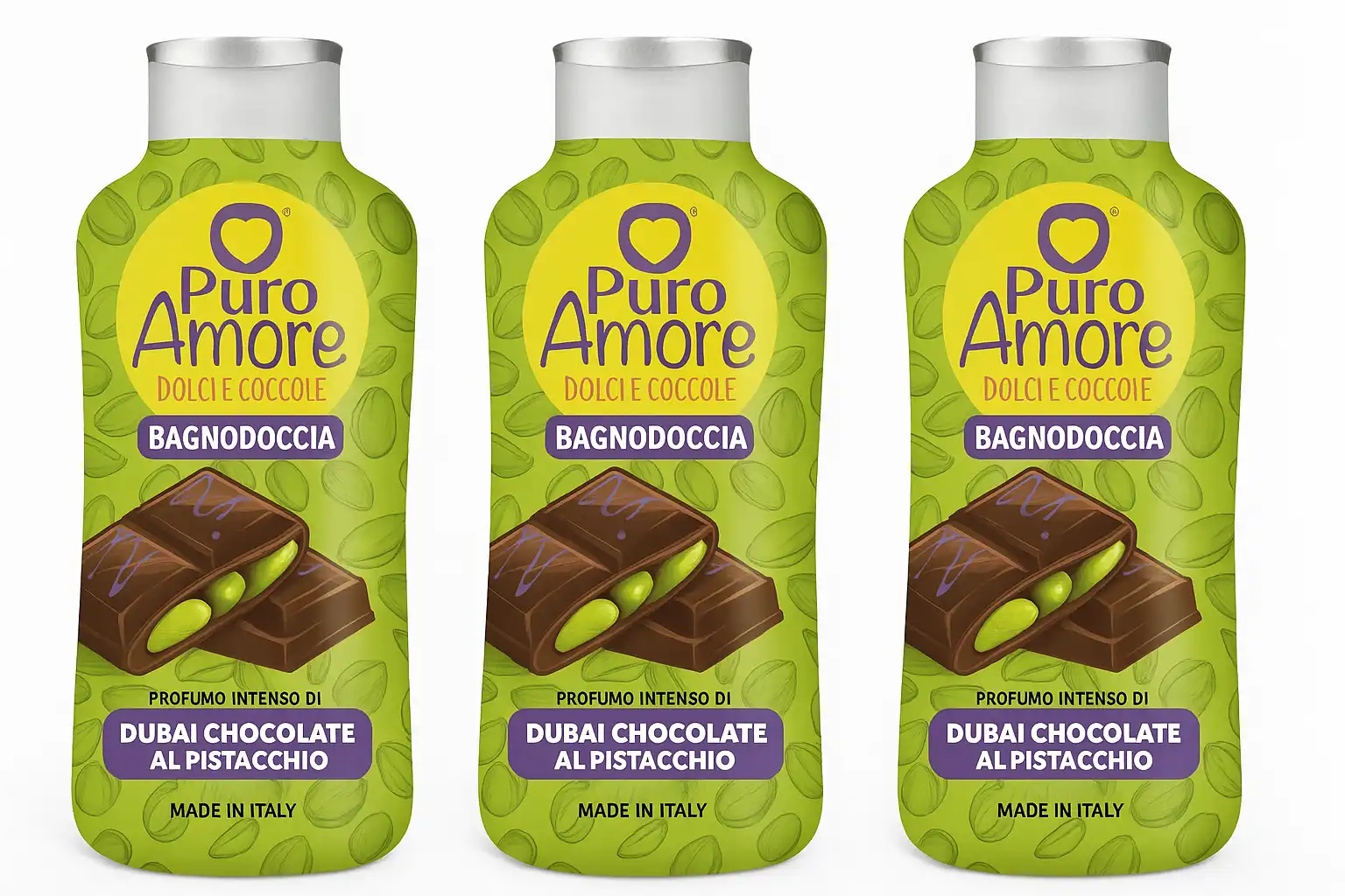 3x PURO AMORE Bagnoschiuma Dubai Pistacchio & Cioccolato 650ml Intenso