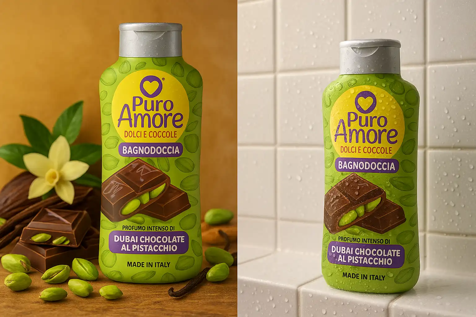 6x PURO AMORE Bagnoschiuma Dubai Pistacchio & Cioccolato 650ml Intenso
