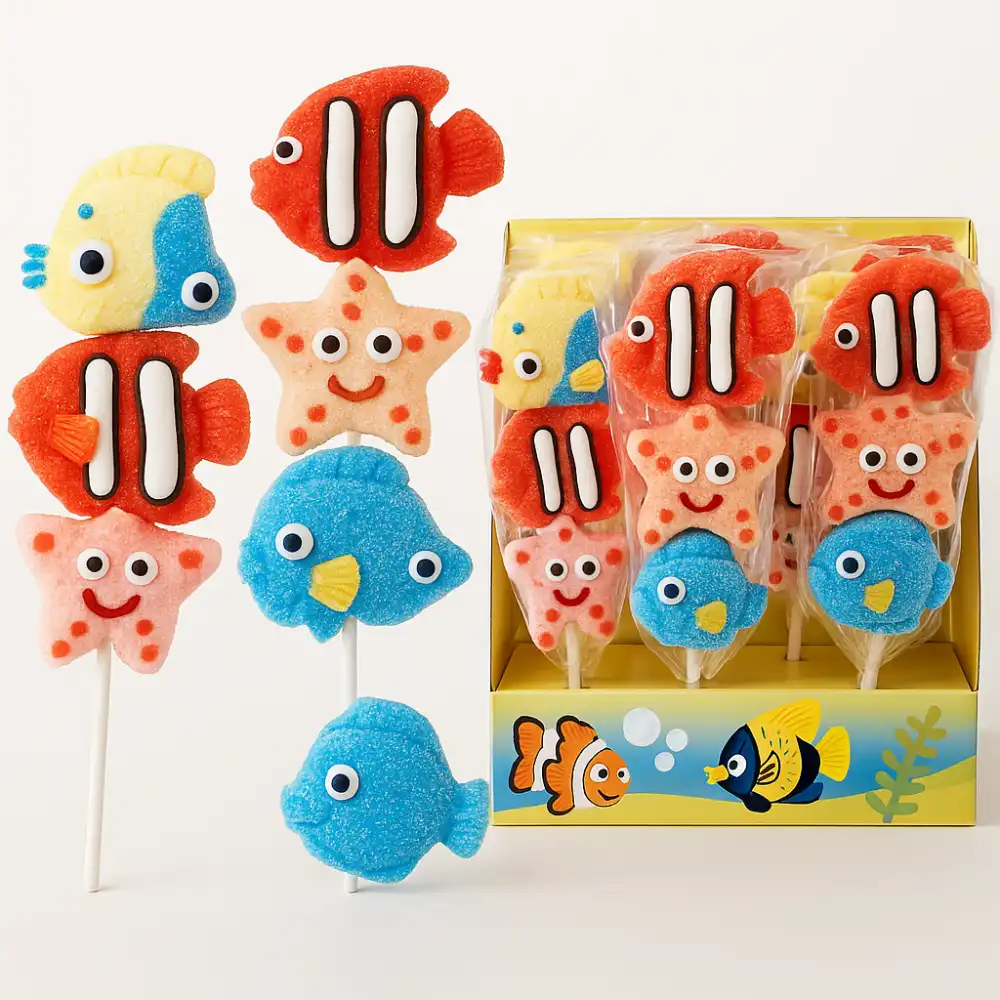 12 Spiedini Mallow Pesce 33g –Marshmallow Colorati Tema Mare Golosi e Divertenti