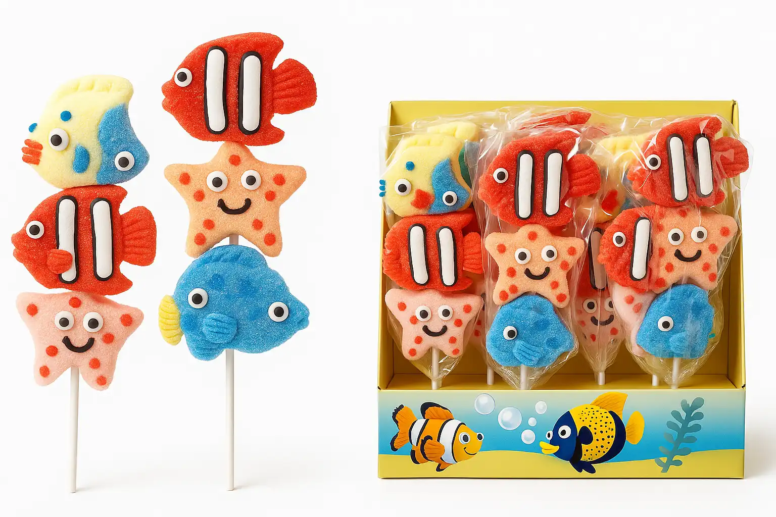 12 Spiedini Mallow Pesce 33g –Marshmallow Colorati Tema Mare Golosi e Divertenti