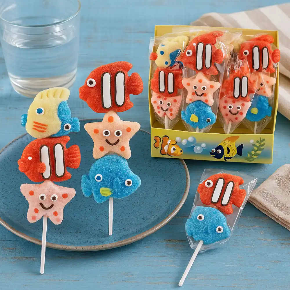 12 Spiedini Mallow Pesce 33g –Marshmallow Colorati Tema Mare Golosi e Divertenti