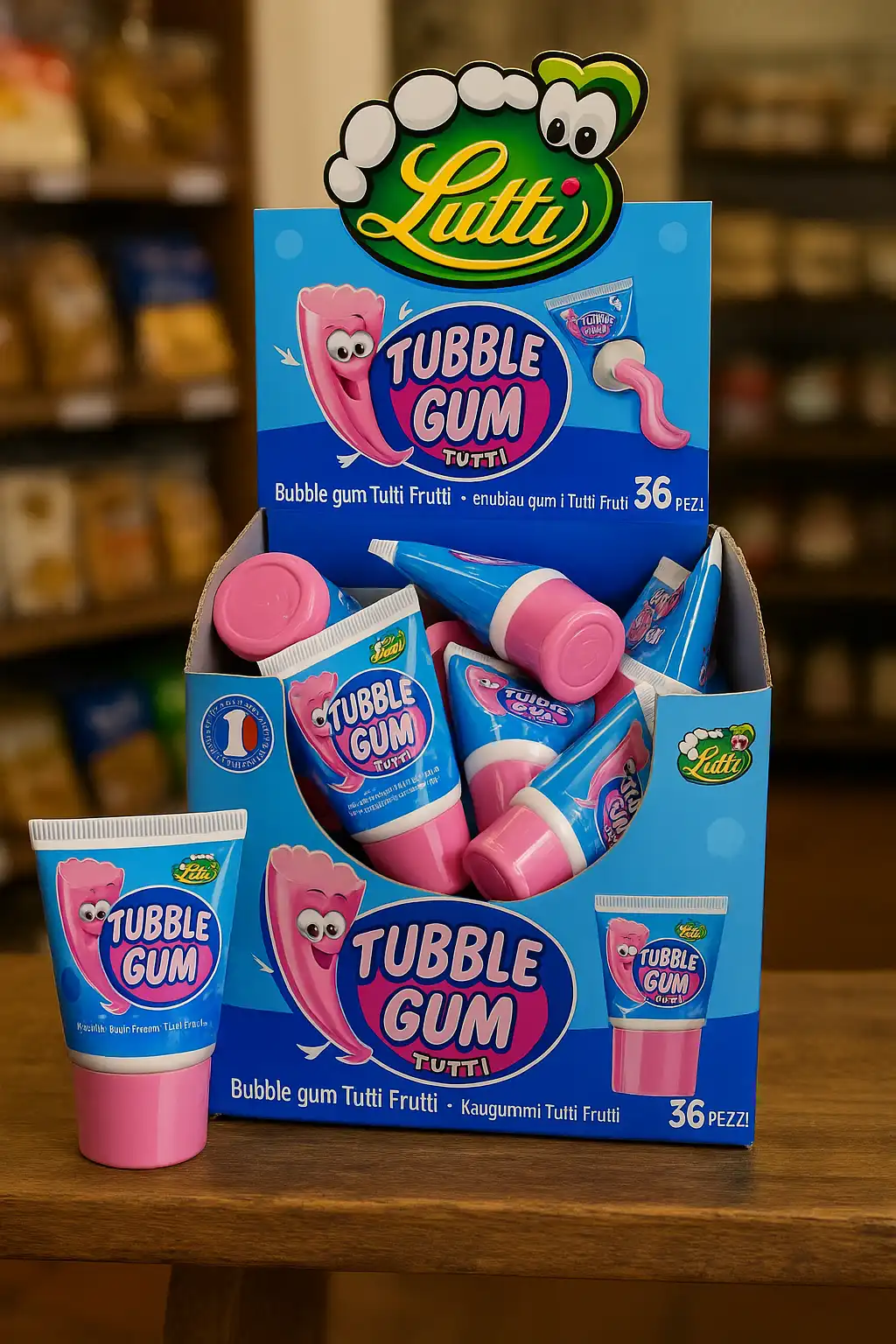 36x Bubble Gum in Tubetto 35g – Gusto Tutti Frutti – Confezione da 36 Pezzi