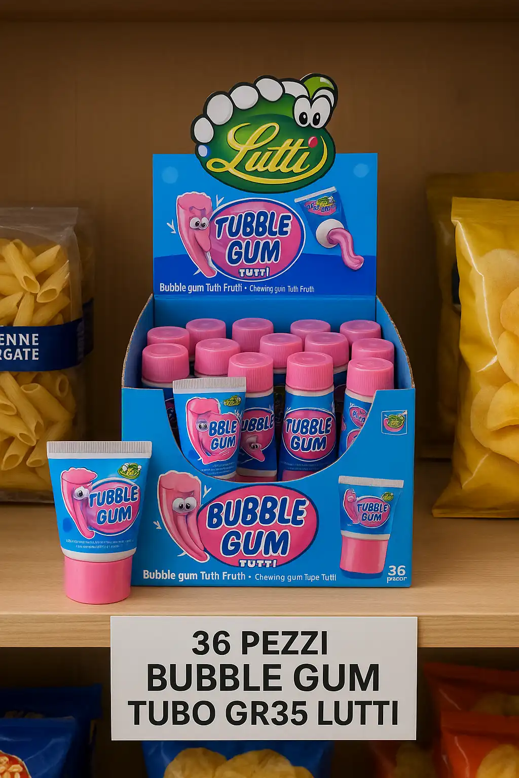 36x Bubble Gum in Tubetto 35g – Gusto Tutti Frutti – Confezione da 36 Pezzi