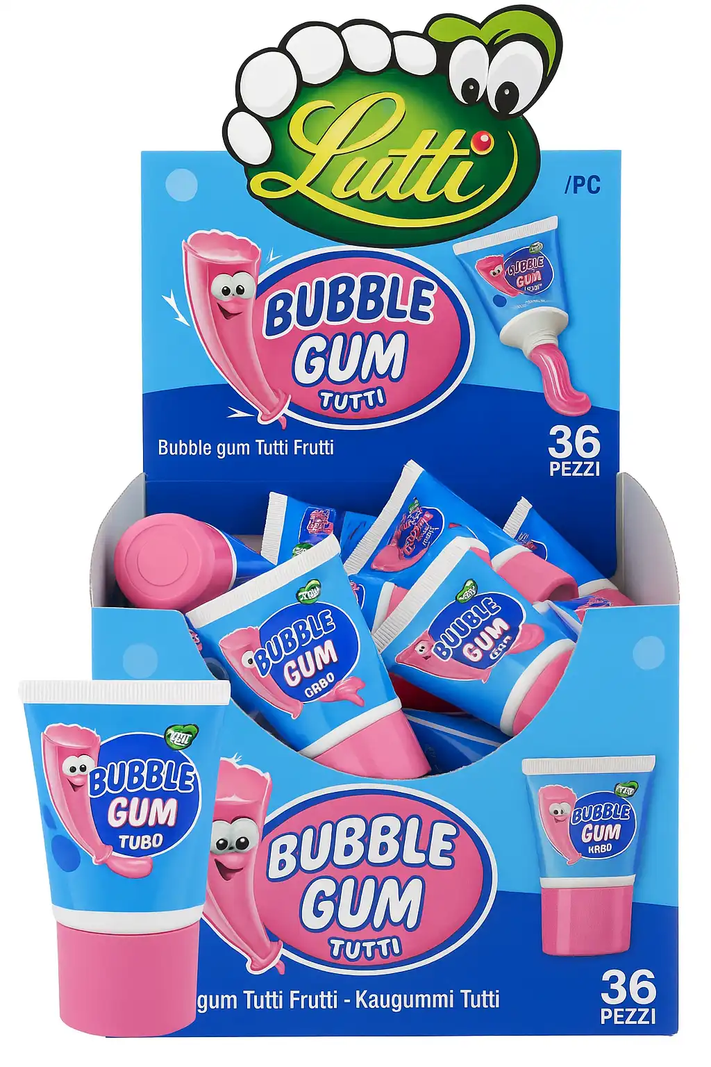 36x Bubble Gum in Tubetto 35g – Gusto Tutti Frutti – Confezione da 36 Pezzi