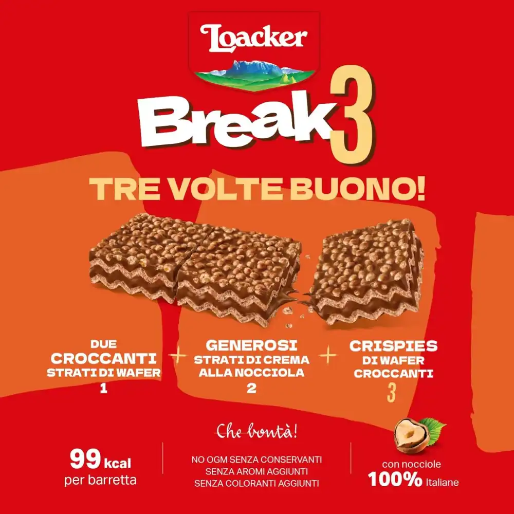 10x Loacker Break3 Barrette Croccanti con Crema Nocciole e Friabili Crispies
